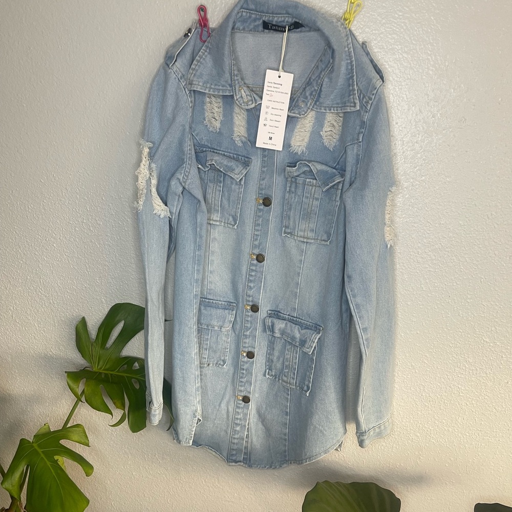 distressed denim Shacket jean jacket